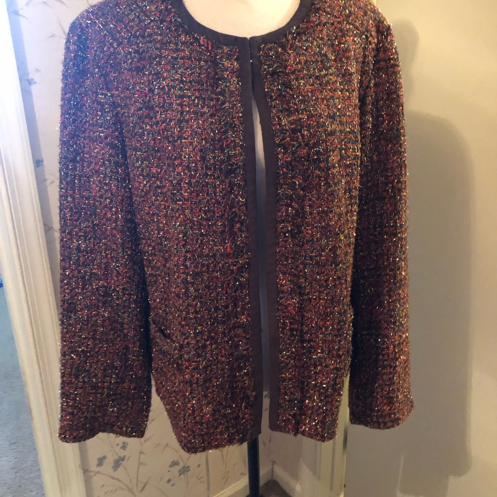 Chico’s tweed jacket with gold threads in material. Size 3